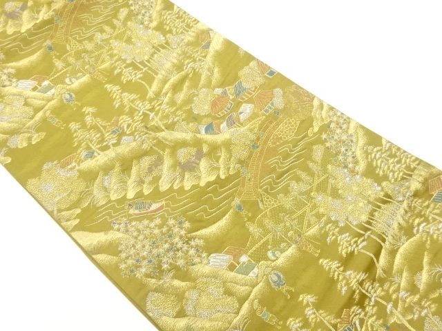 JAPANESE KIMONO / VINTAGE FUKURO OBI / WOVE SCENERY OF HOUSE & STREAM WITH MOUNTAINS